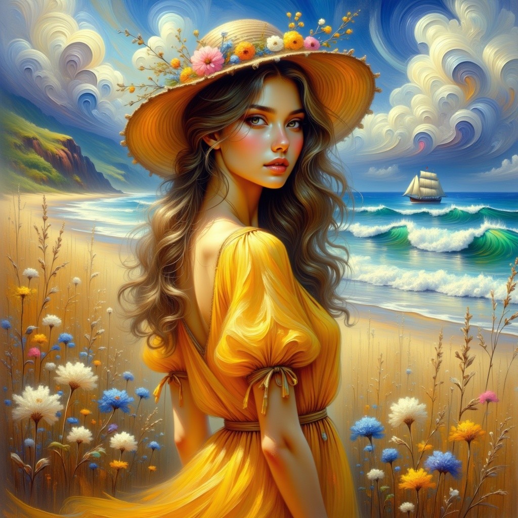 Young woman in yellow dress at a vibrant beach scene