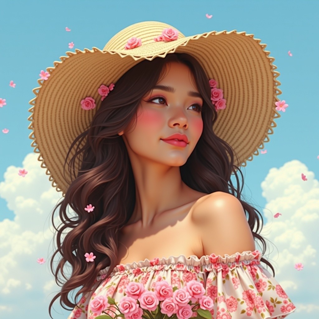 Young Woman in Floral Top Under Blue Sky with Roses