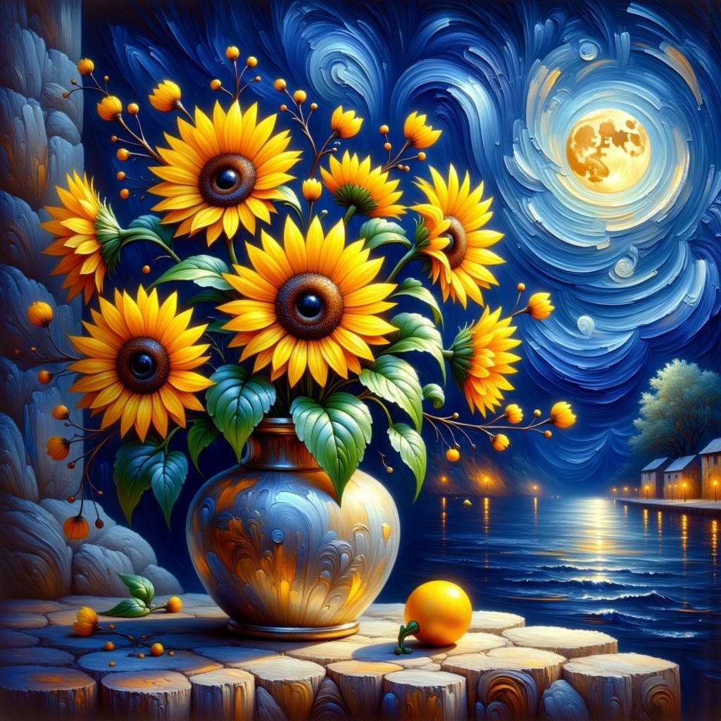 Sunflowers in a Vase Under a Moonlit Sky