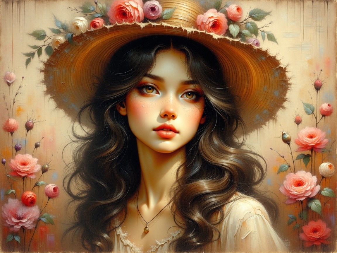 Young woman with straw hat and blooming roses
