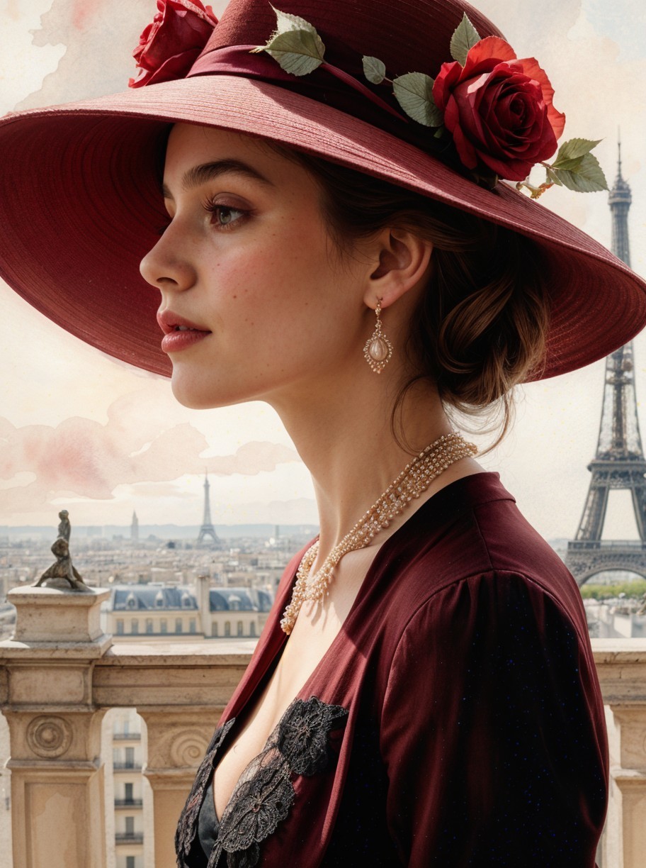 Profile of a Woman in Maroon Hat with Eiffel Tower Background