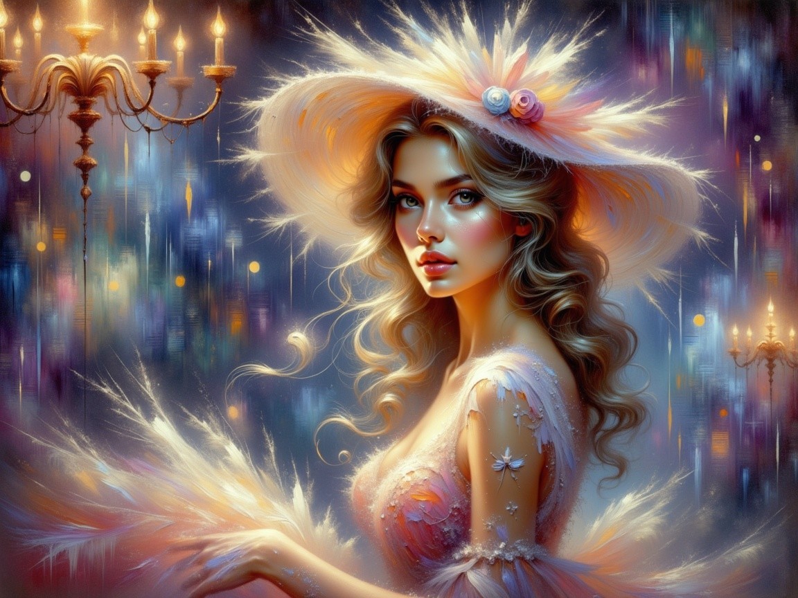 Elegant Woman in Shimmering Dress with Intricate Hat