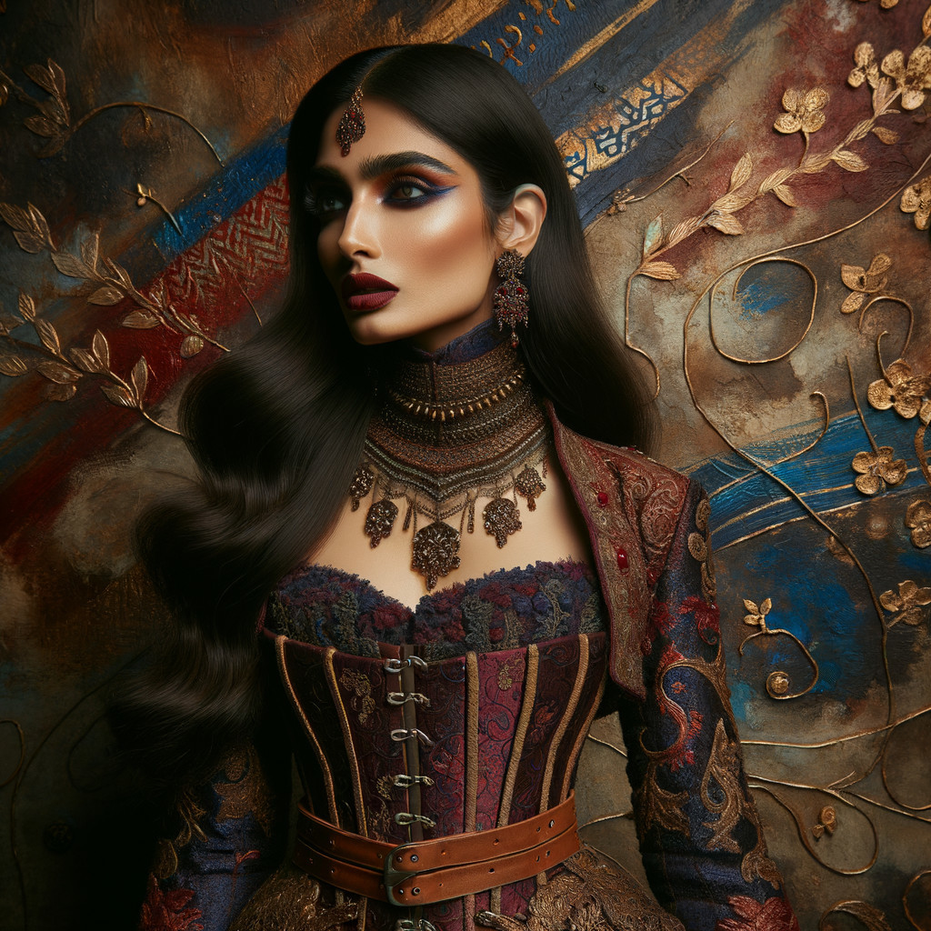 Model in Elaborate Attire with Intricate Embroidery