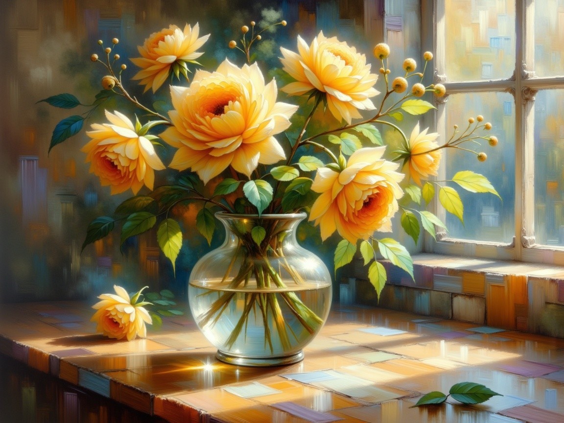 Golden-yellow roses in a glass vase on a wooden table