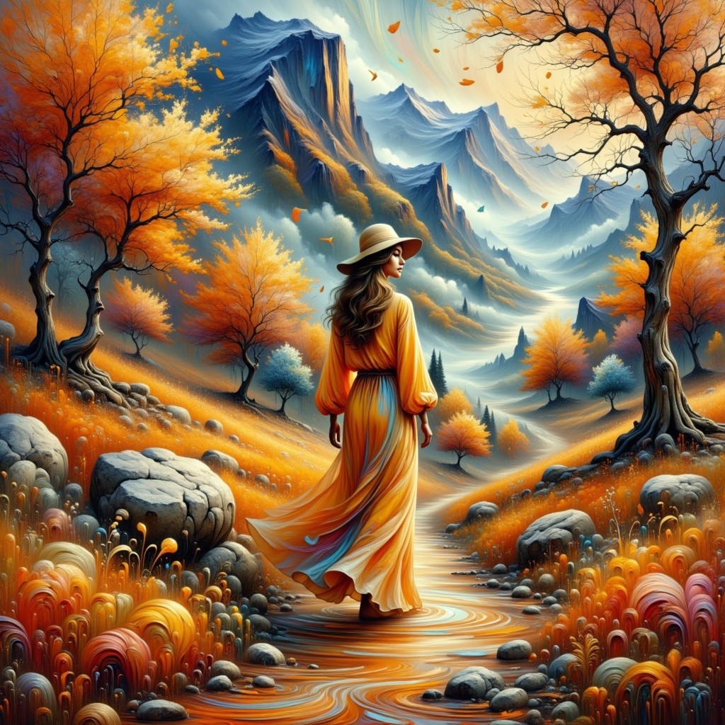 Autumn Landscape with Woman by Winding Stream