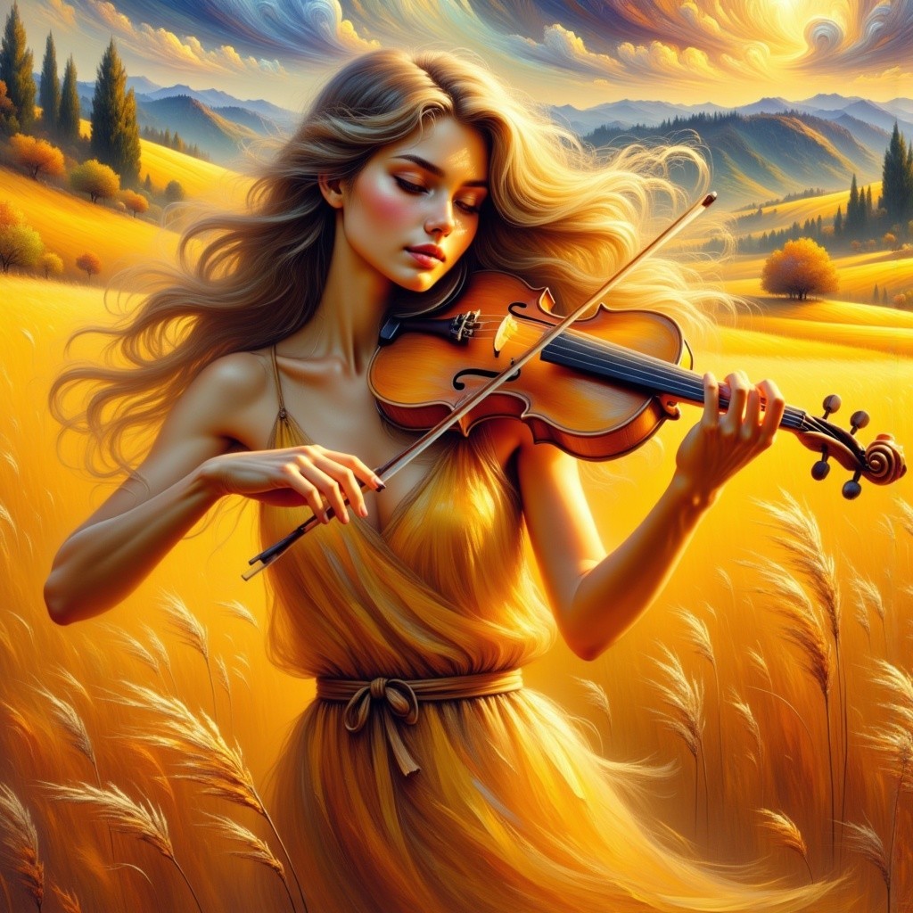 Young Woman Playing Violin in Golden Field at Sunset