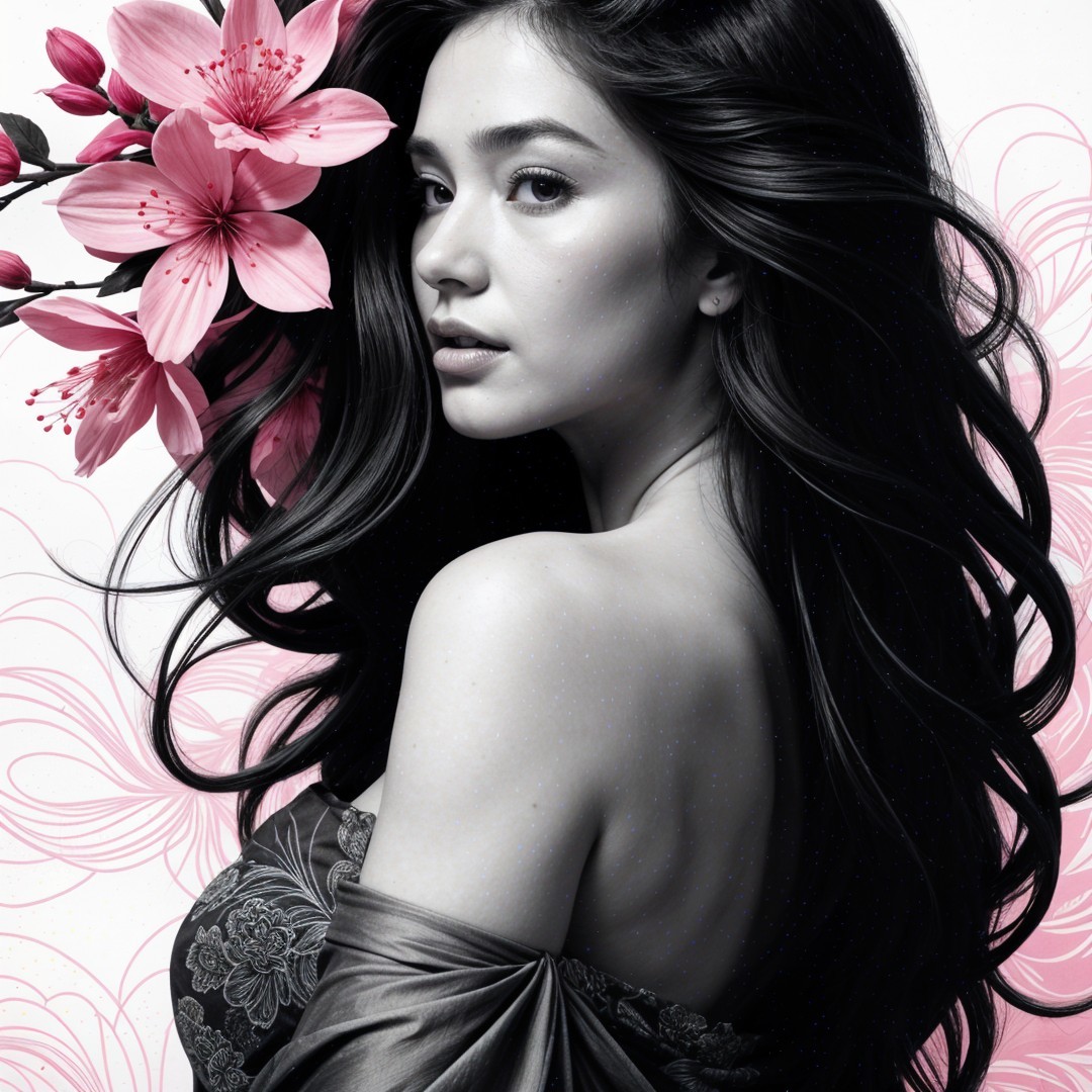 Profile of a Young Woman Surrounded by Pink Flowers