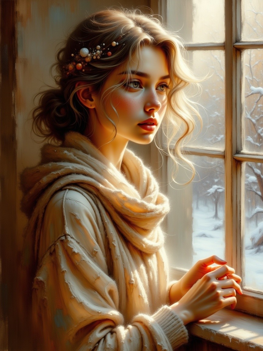 Young Woman in Cozy Sweater by Frosted Window