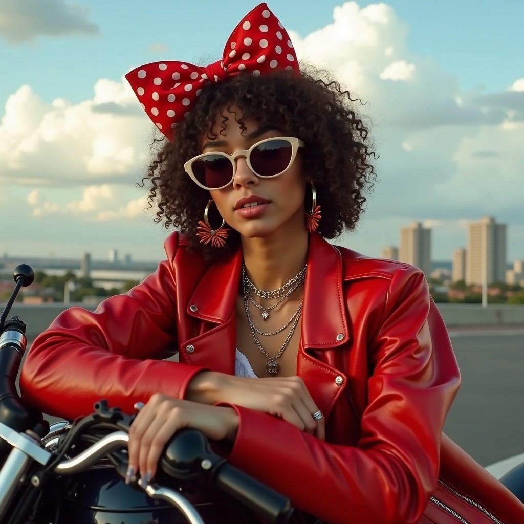 Confident Young Woman in Red Jacket by Motorcycle
