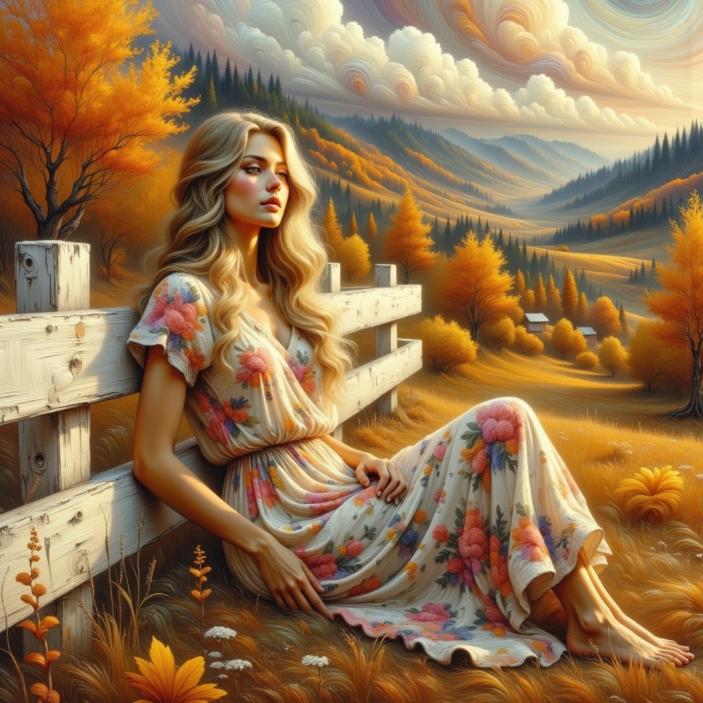 Serene Autumn Landscape with Woman by Wooden Fence