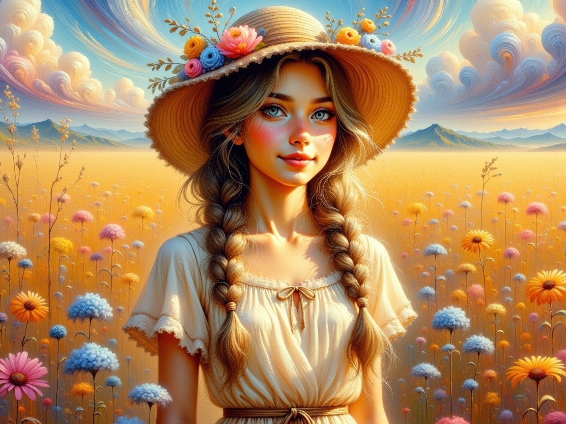 Young girl in a flower field under a colorful sky