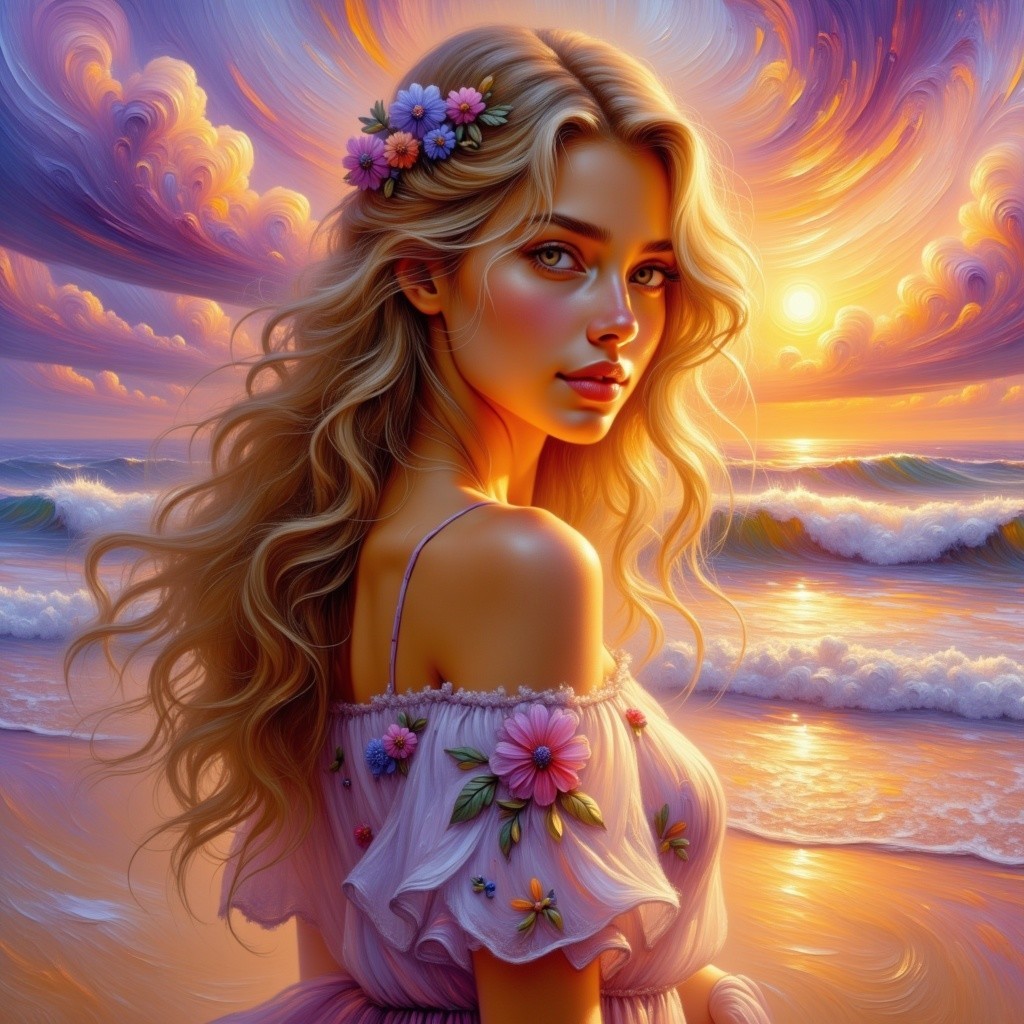 Young woman at beach during sunset with flowers in hair