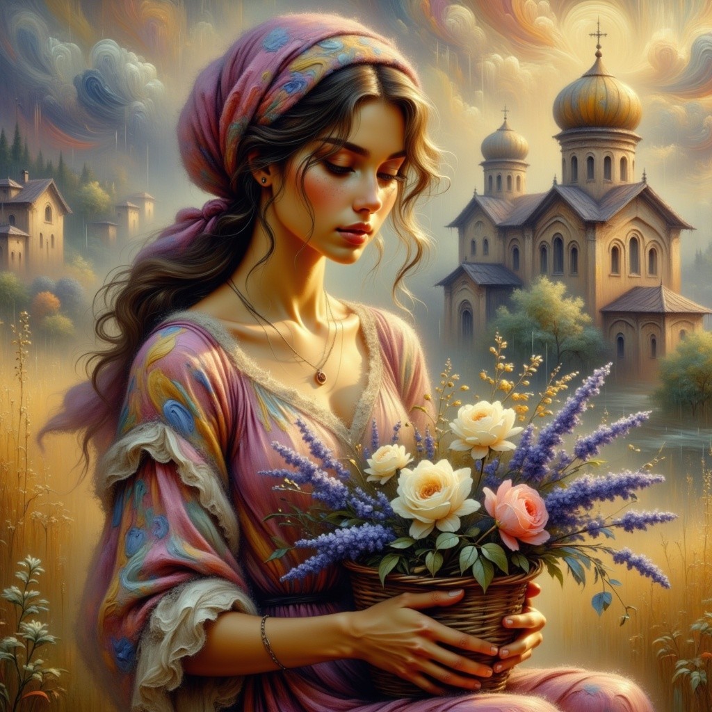 Young woman in colorful dress with flowers in landscape
