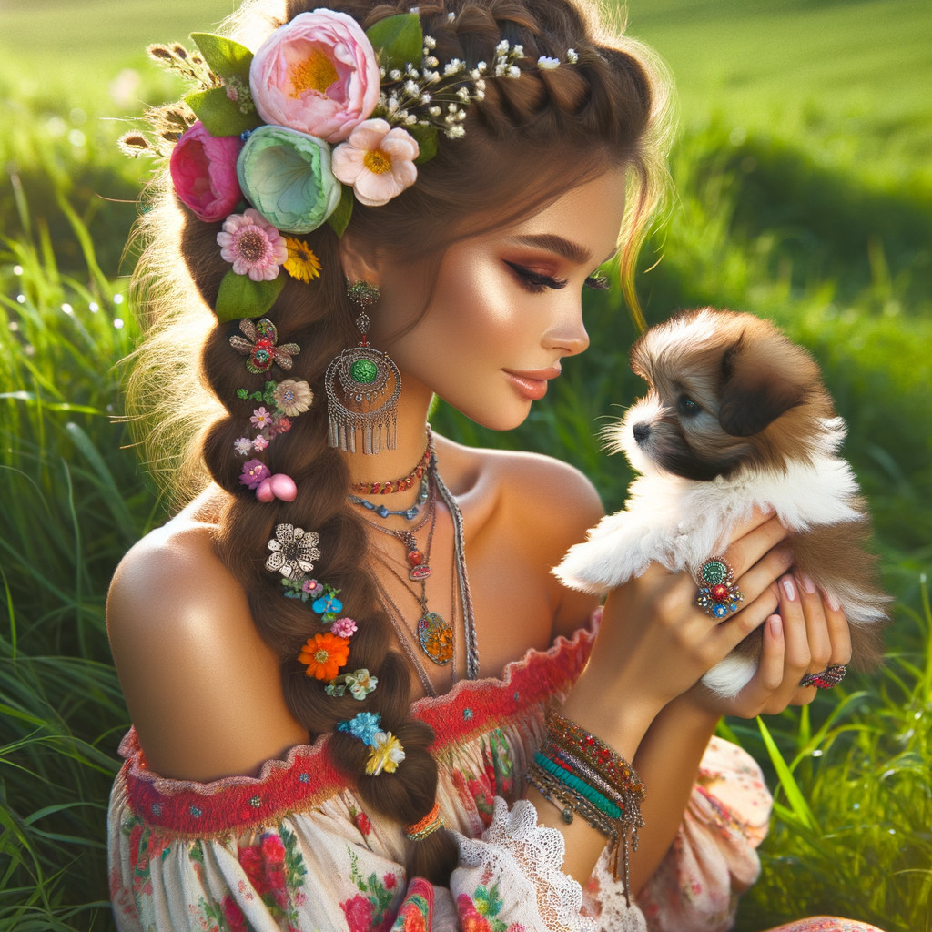 Young Woman with Puppy in Floral Dress and Jewelry