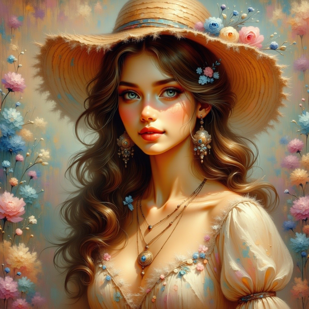 Young woman in floral hat and off-shoulder dress