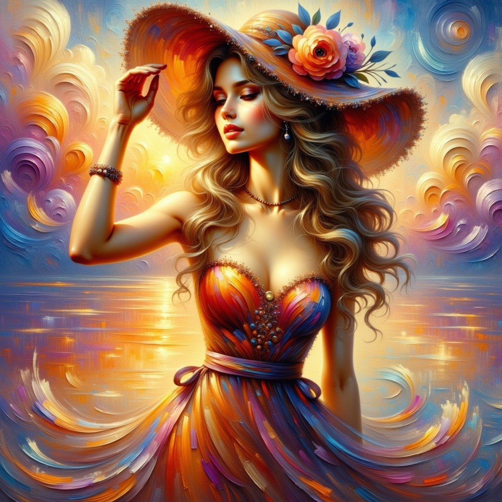 Elegant woman in vibrant orange and purple dress