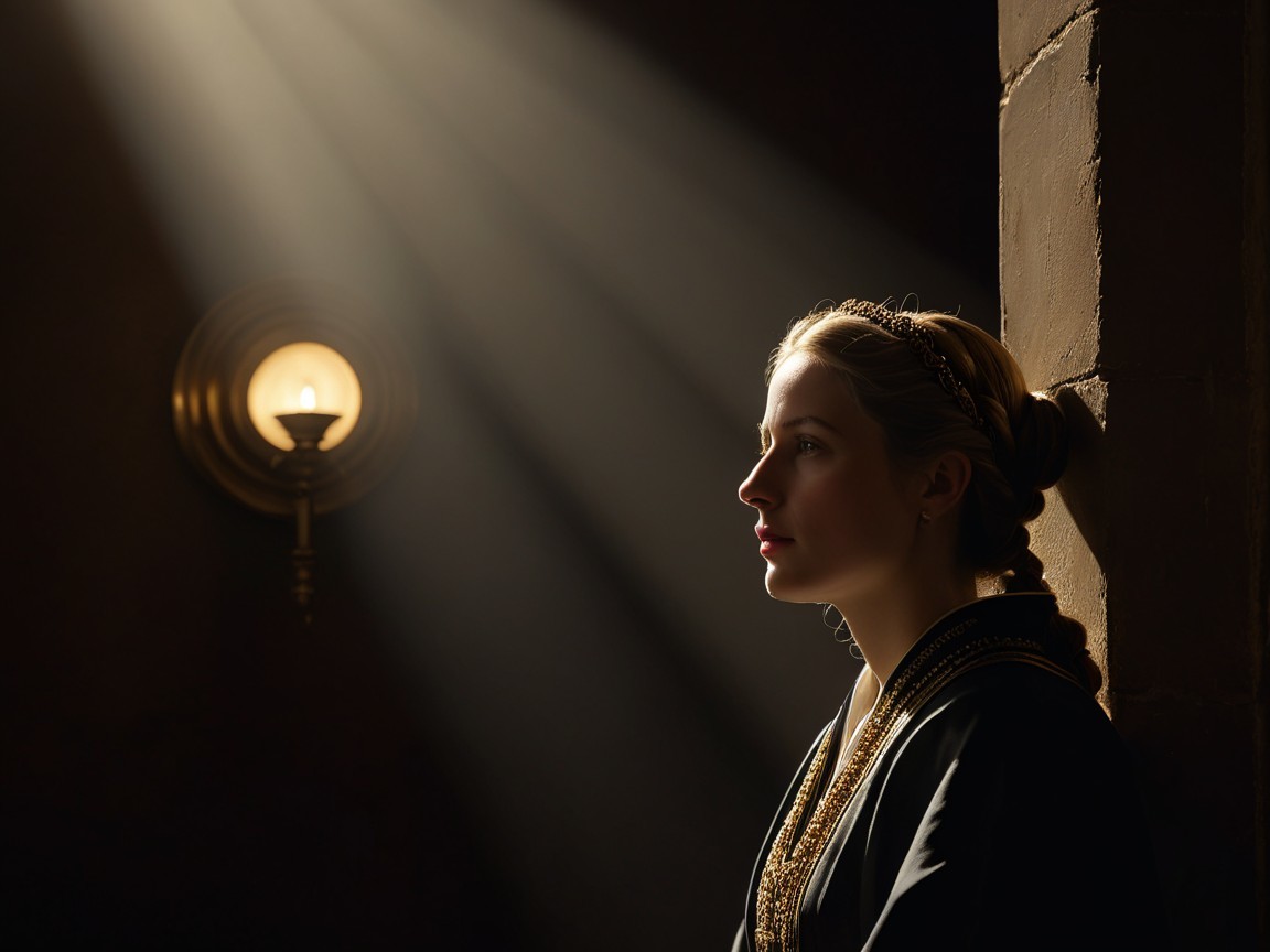Young Woman in Dim Light with Braided Hair and Robe
