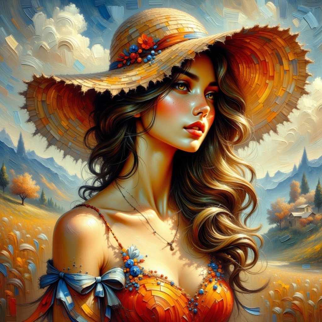 Young woman in vibrant dress with straw hat in nature