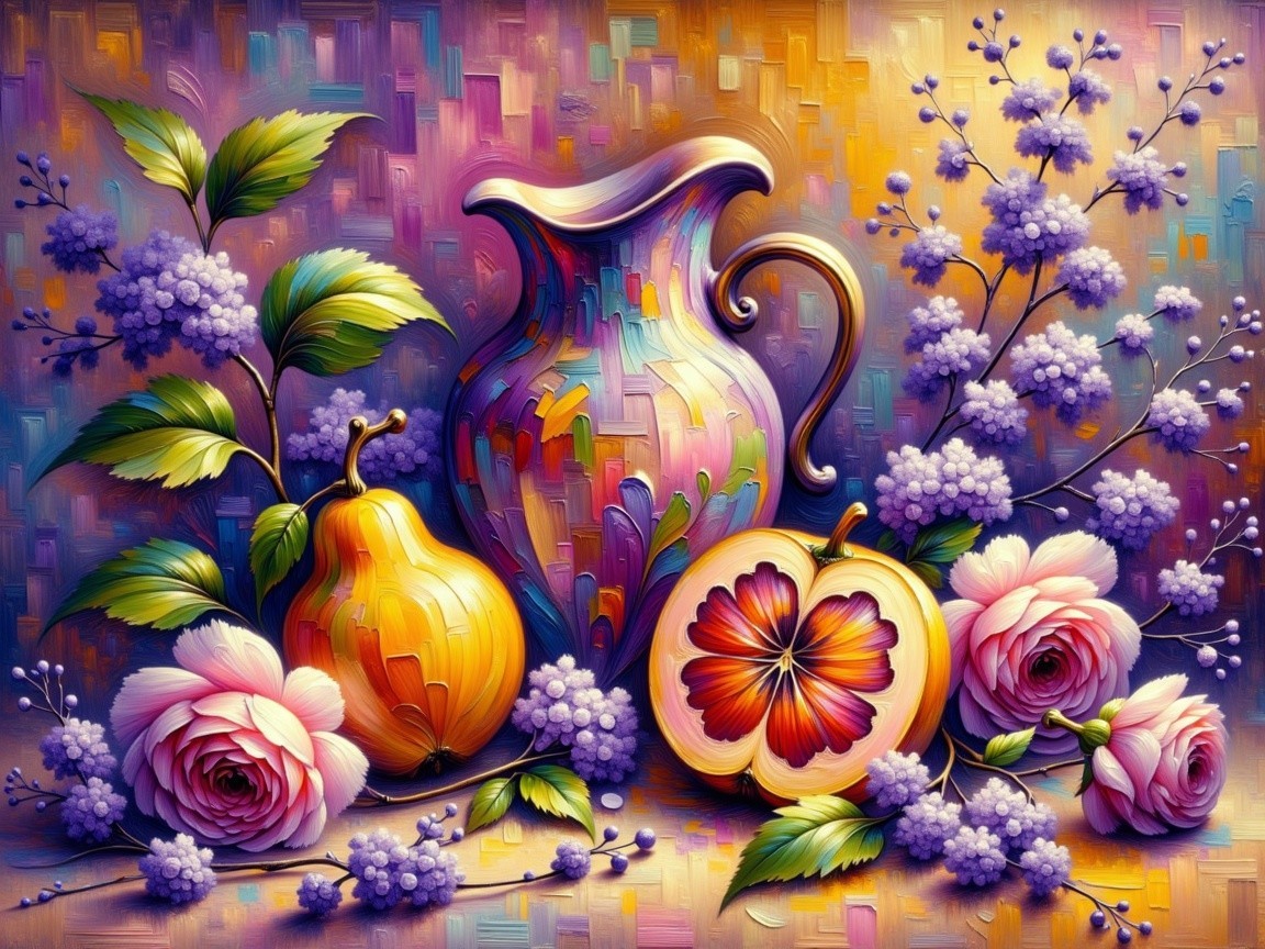 Vibrant Still Life with Ceramic Jug, Flowers, and Fruits