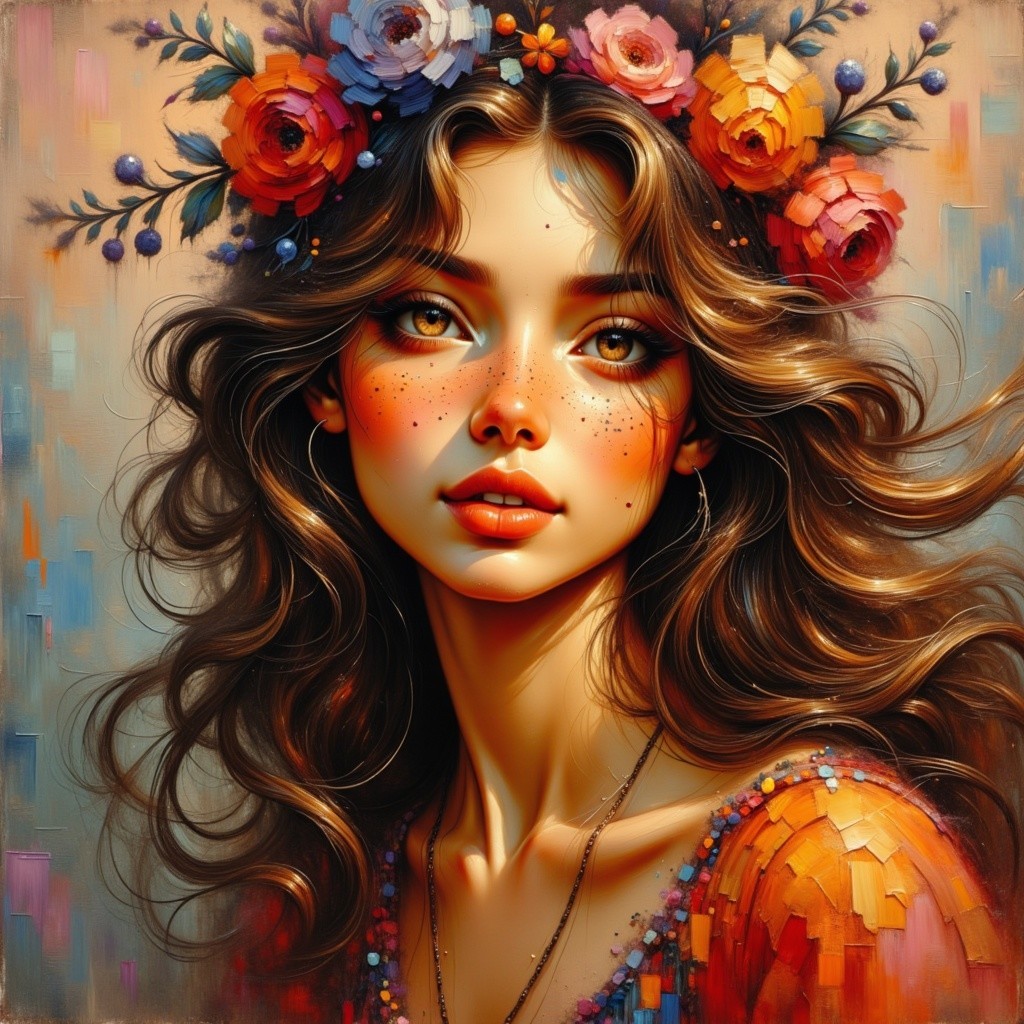 Portrait of a young woman with floral crown and vibrant attire