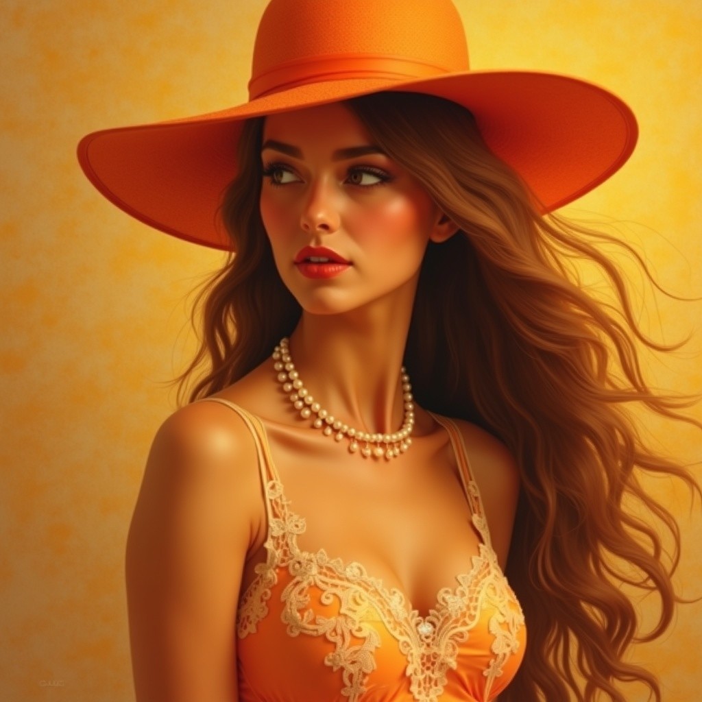 Elegant Young Woman in Orange Dress and Hat