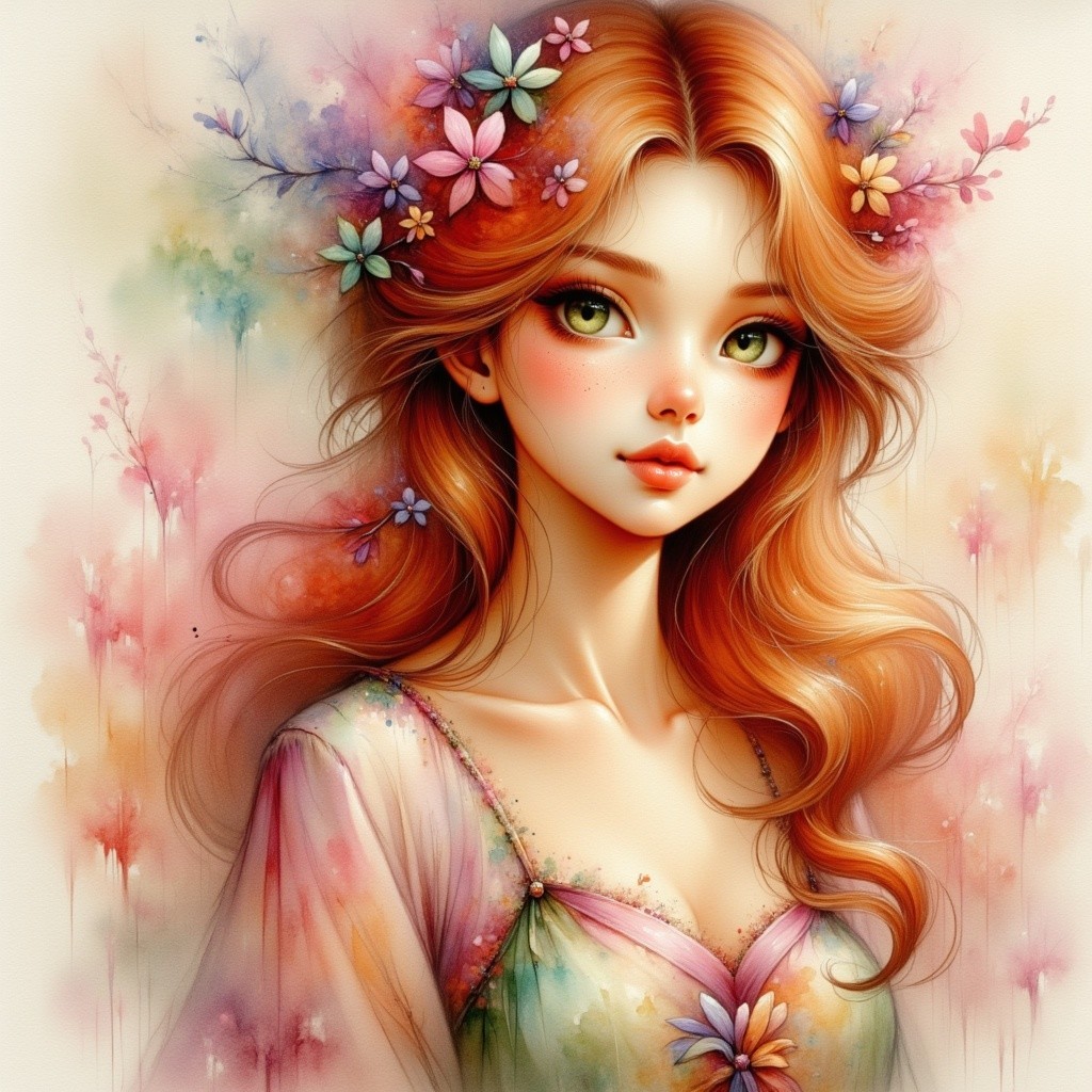 Portrait of a Young Woman with Red Hair and Flowers