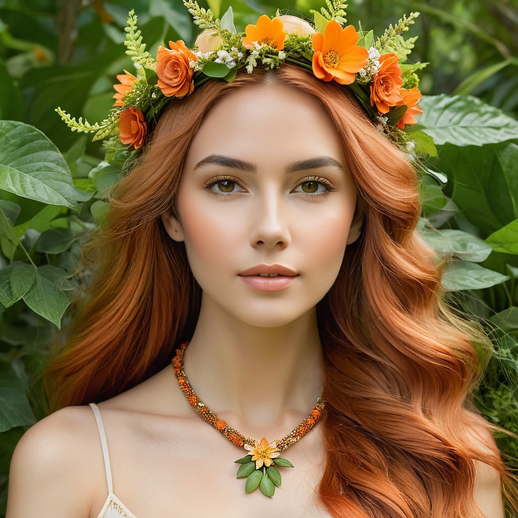 Young Woman with Red Hair in Floral Crown and Jewelry
