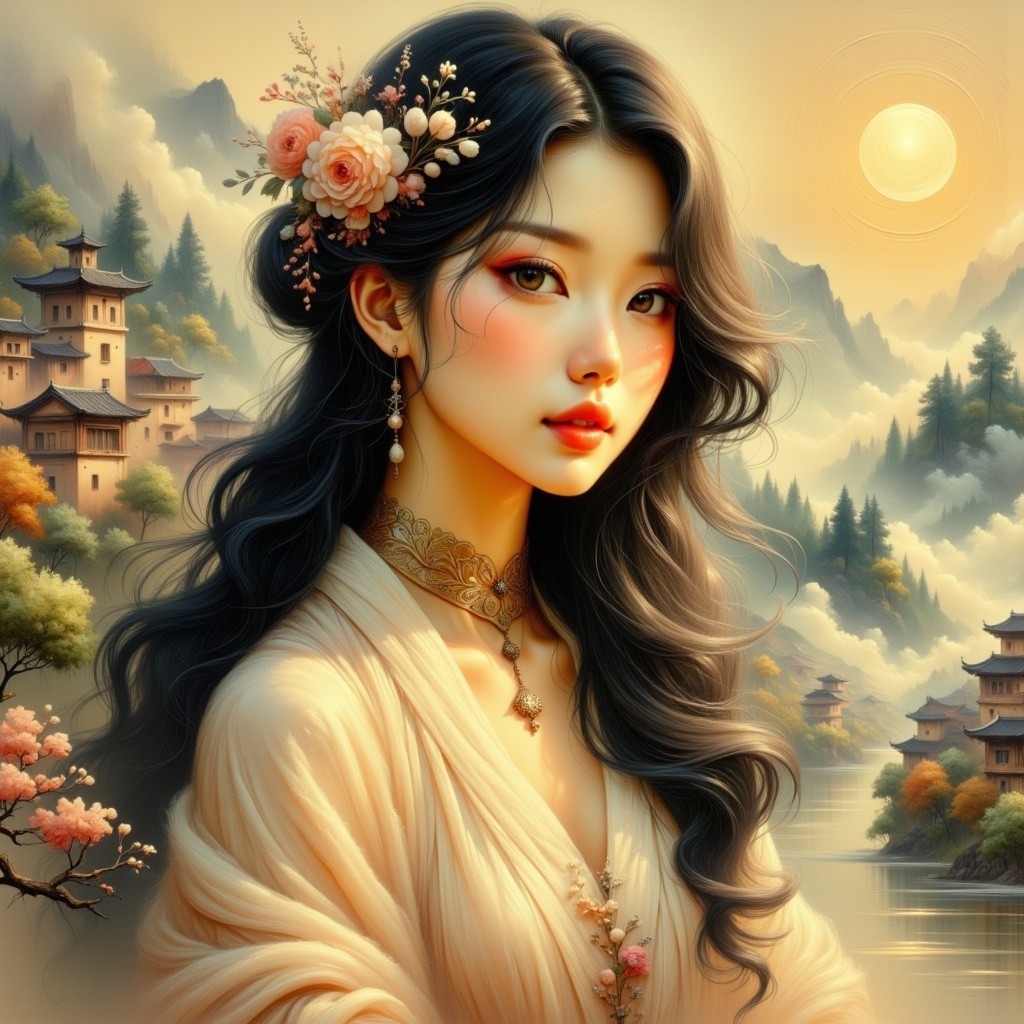 Serene Young Woman in Elegant Robe Amidst Tranquil Landscape