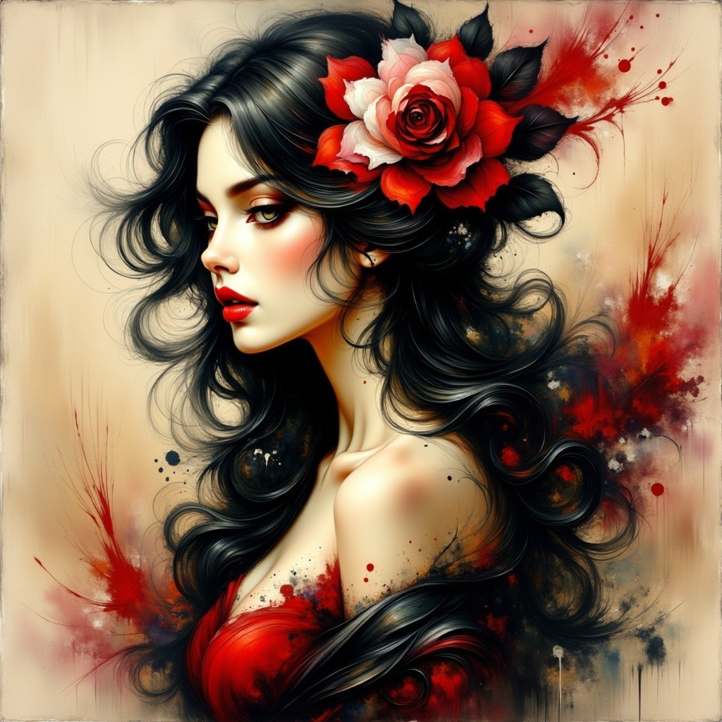 Portrait of a Woman with Black Hair and Red Rose