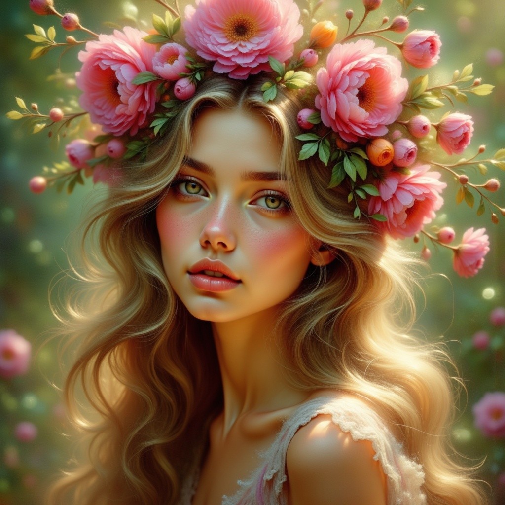 Young Woman with Floral Crown in Serene Garden