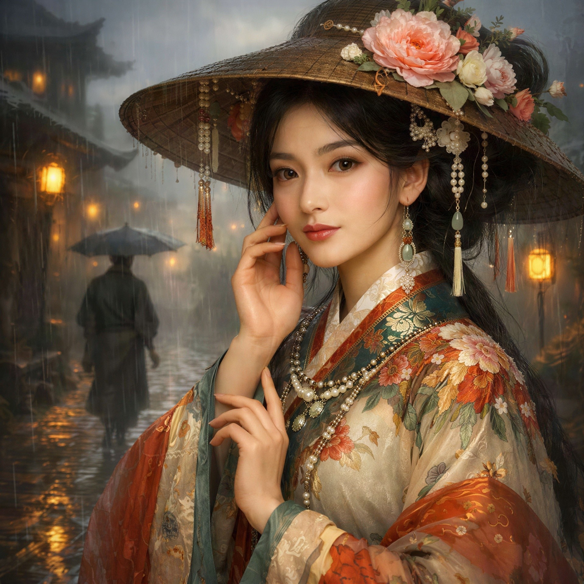 Asian woman in floral kimono on rainy street at night