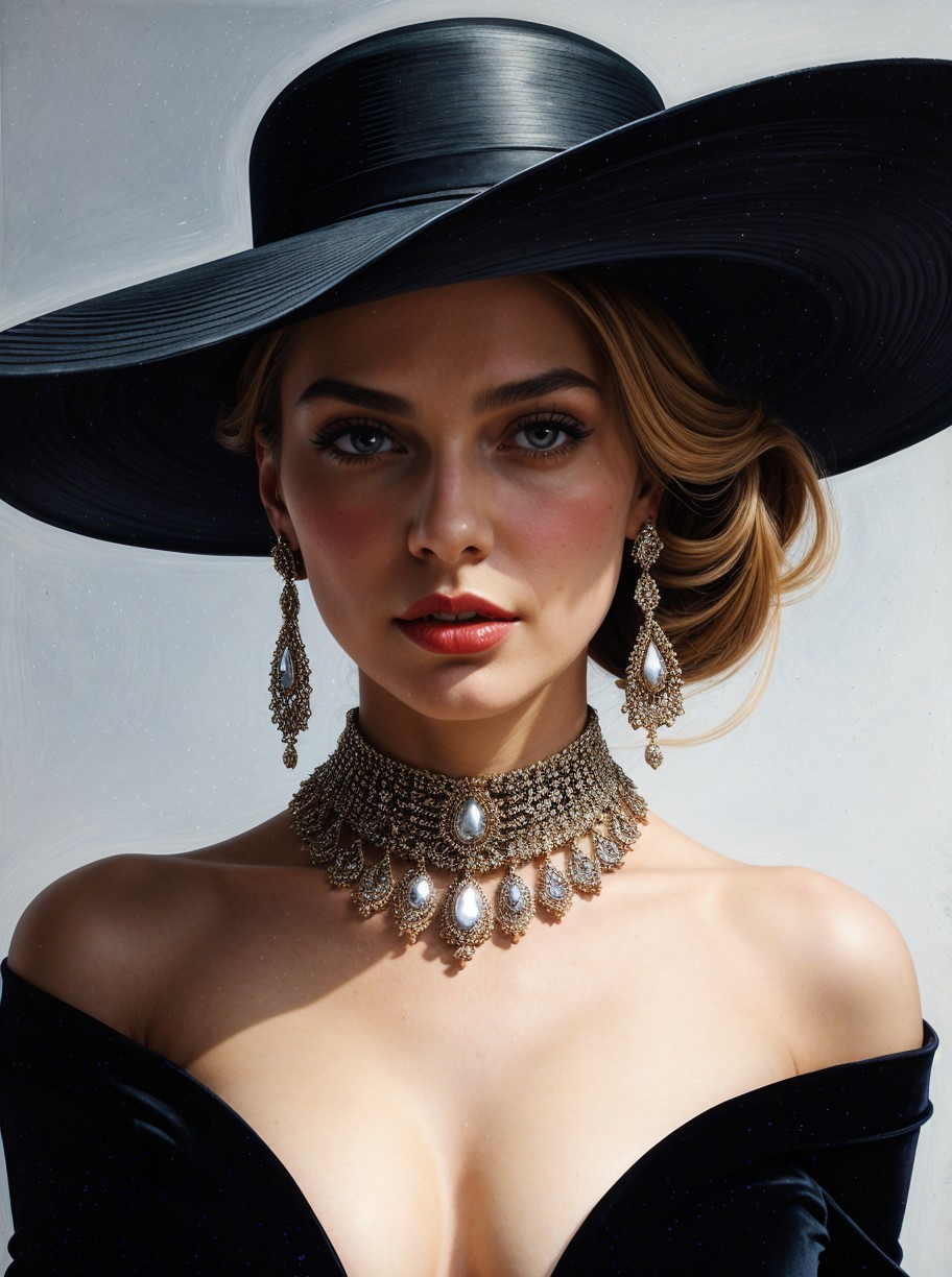 Elegant woman in black hat and velvet dress portrait