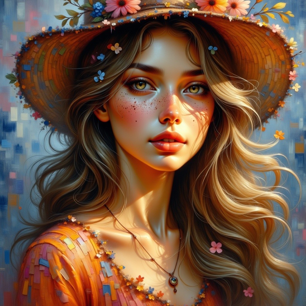 Portrait of a young woman with flowers and a hat