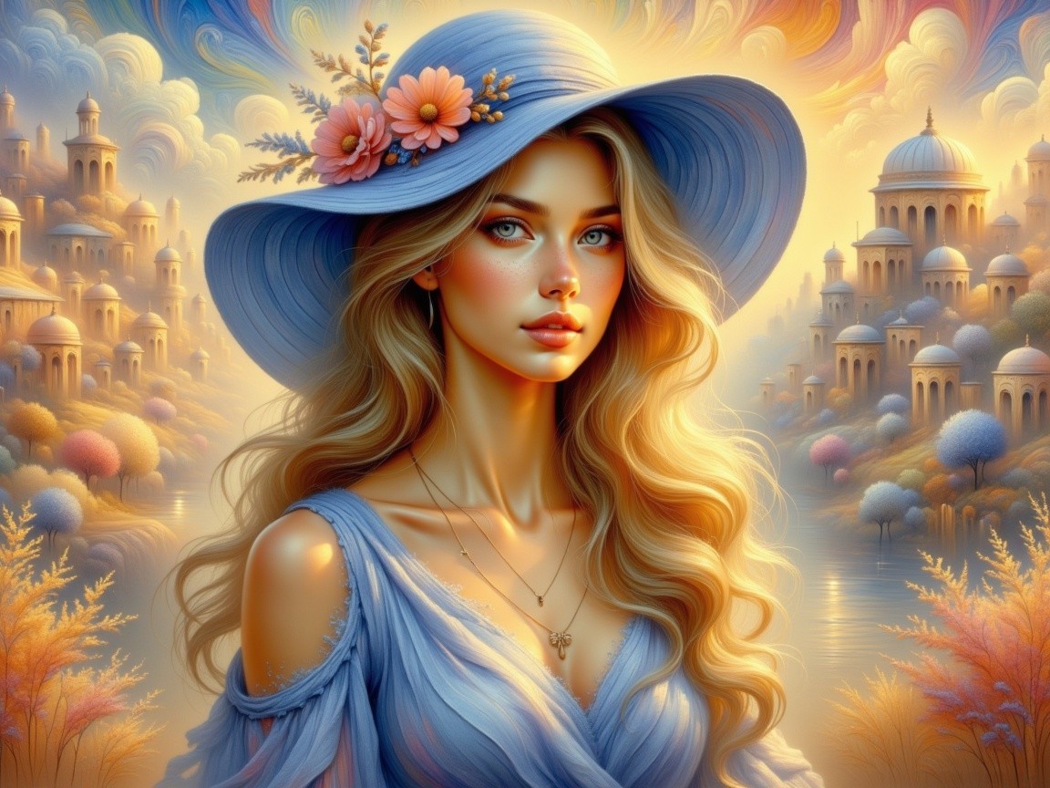 Beautiful woman in blue hat against whimsical landscape