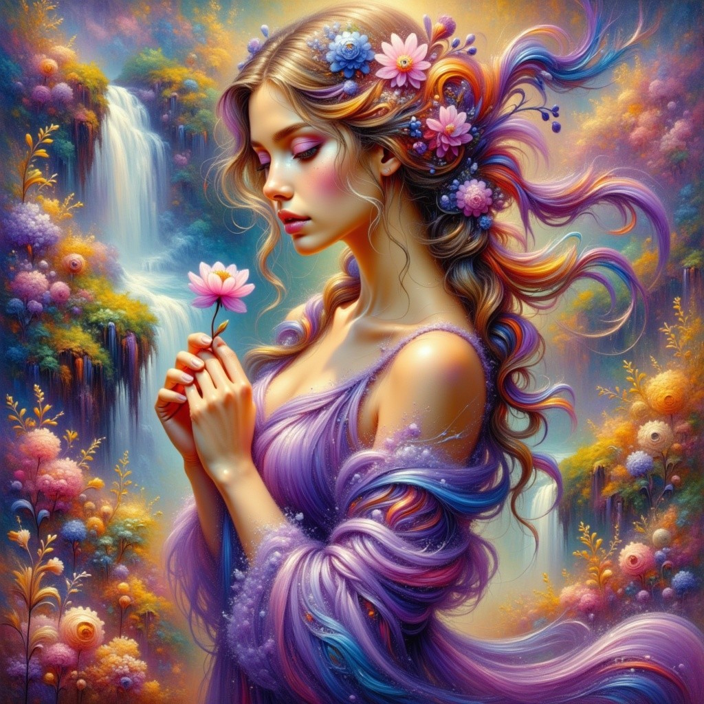 Ethereal Woman in Purple Gown Amidst Dreamy Landscape