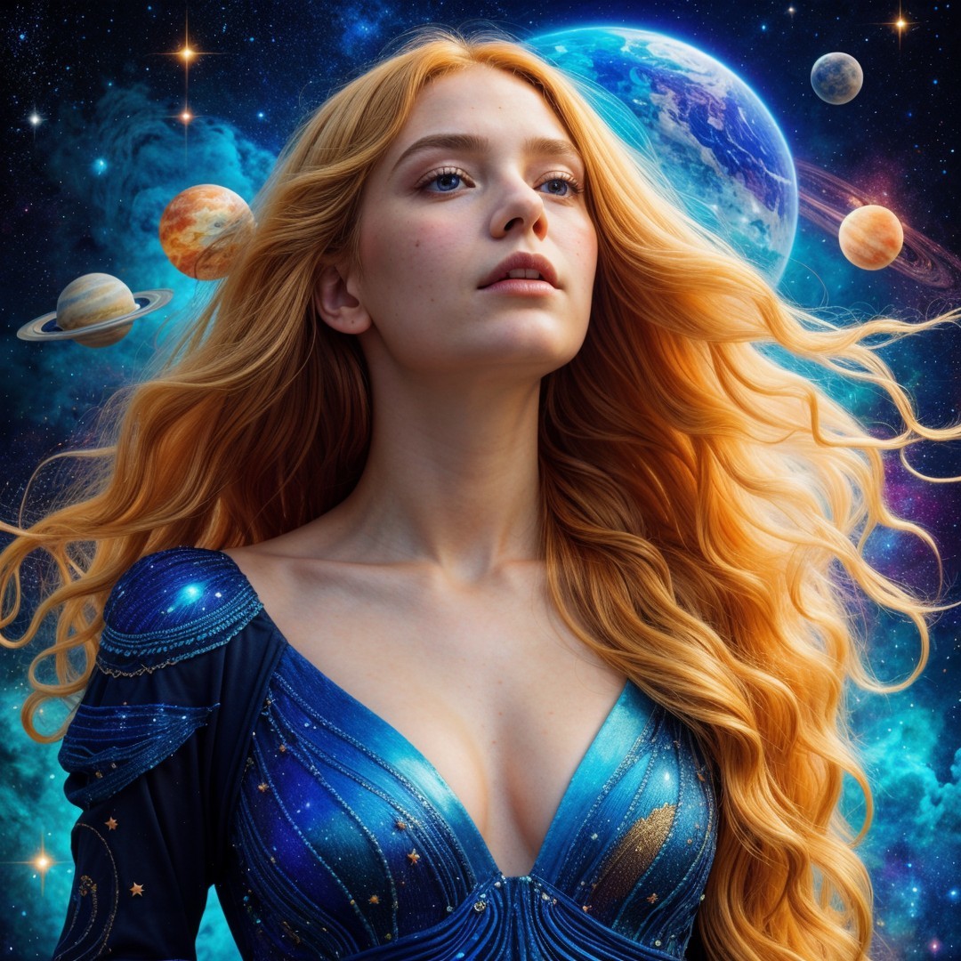 Young Woman in Celestial Dress Against Cosmic Background