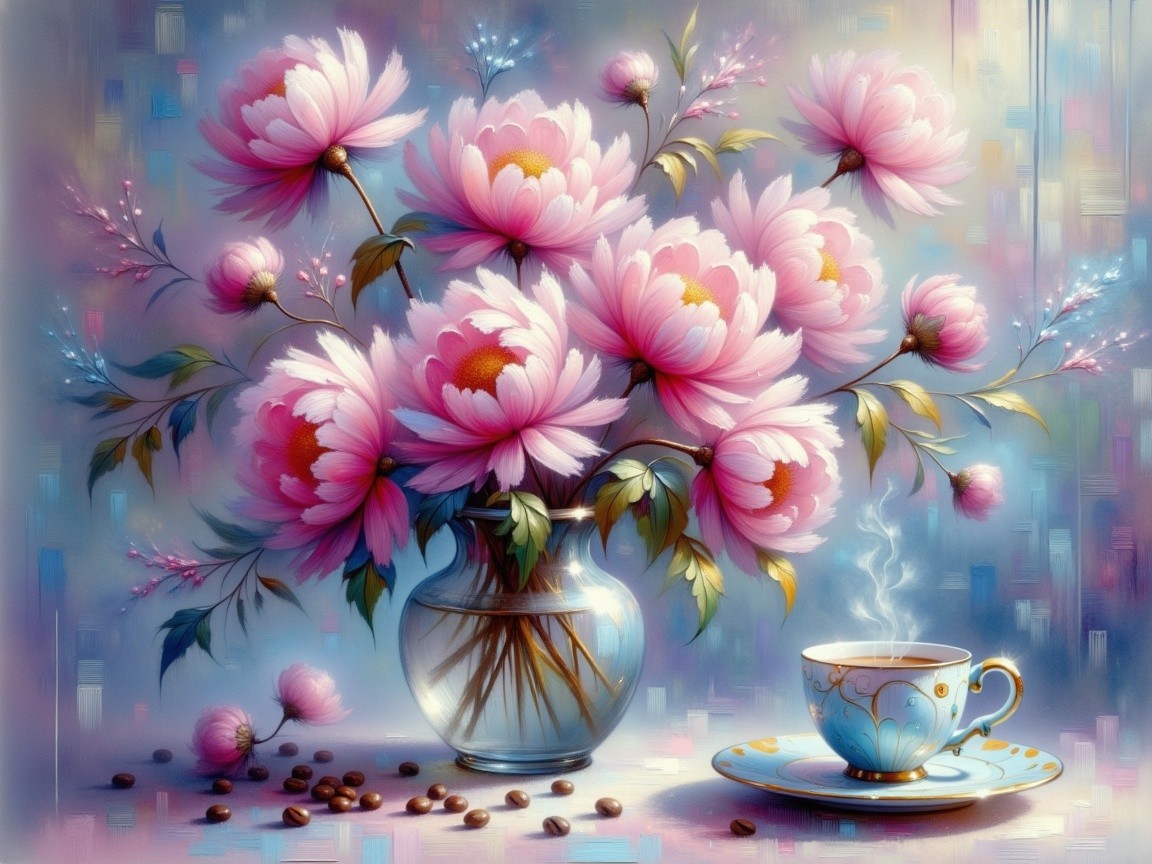 Vibrant Still Life with Pink Peonies and Coffee Scene