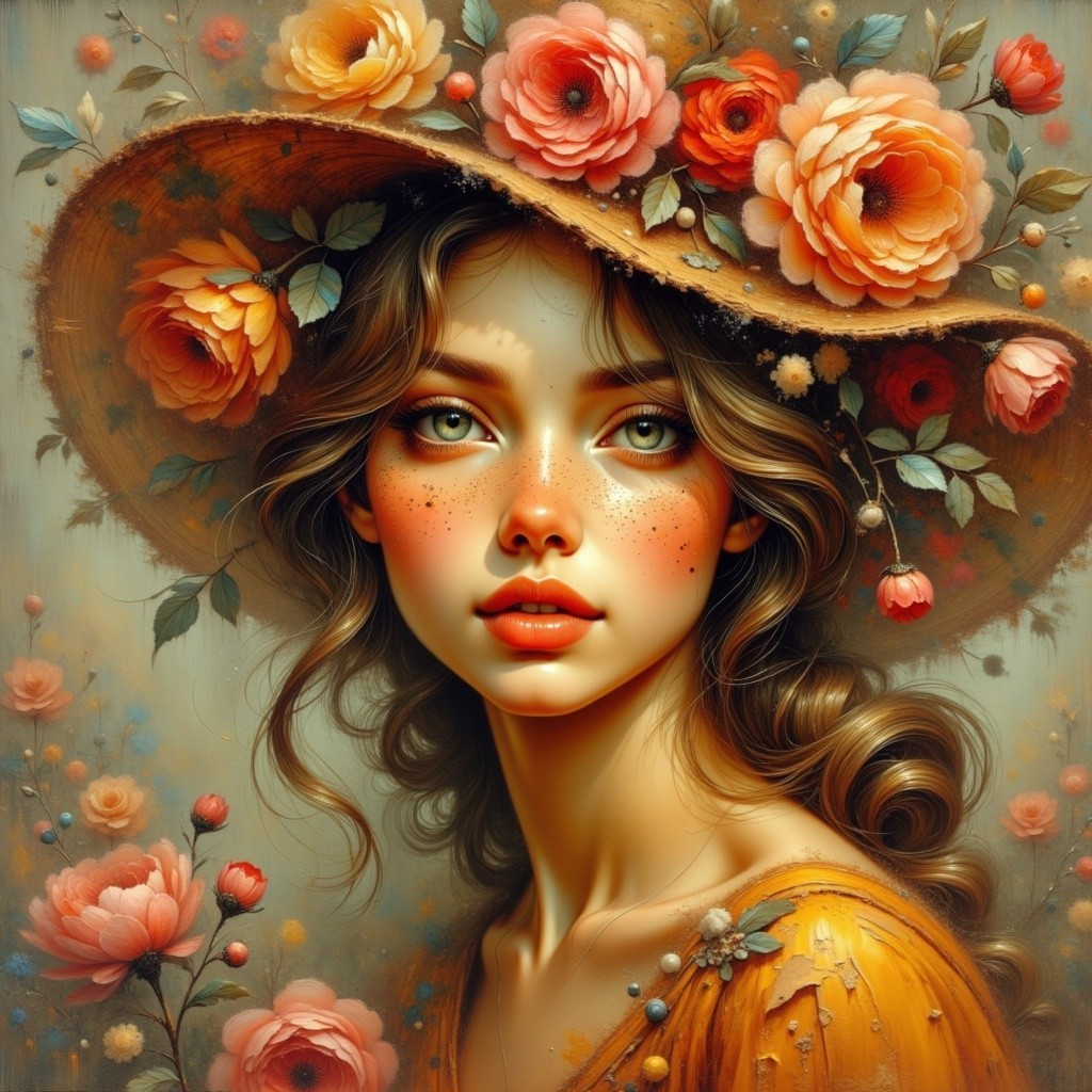 Portrait of a Woman in a Straw Hat with Flowers