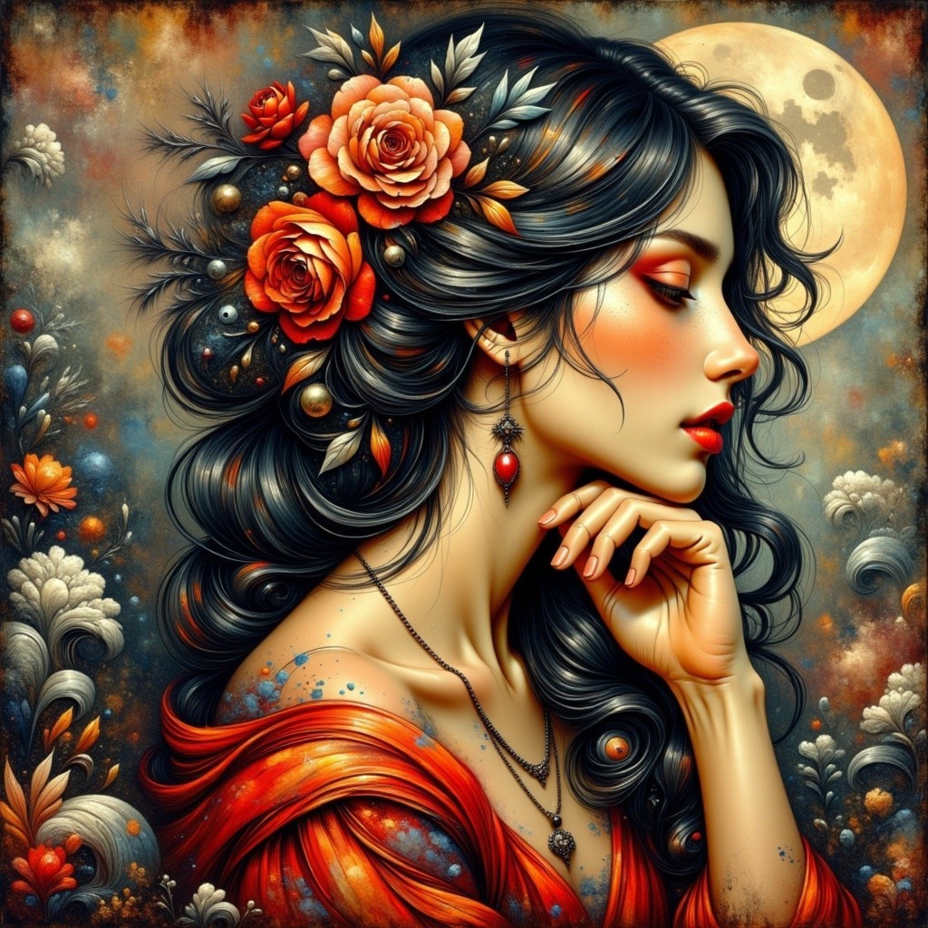 Ethereal Woman with Roses and Pearls Under Full Moon