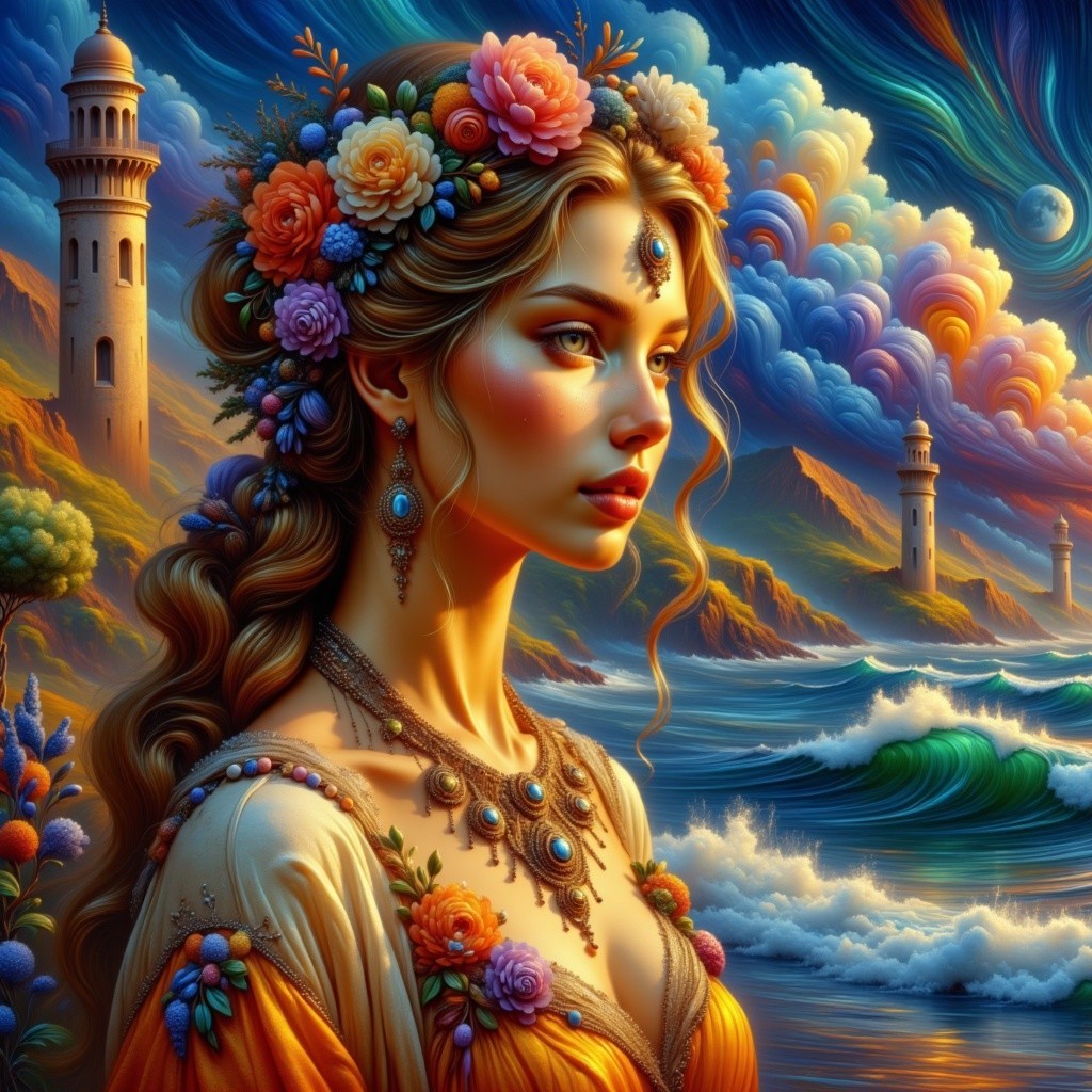 Serene Woman with Flowers Overlooking Seascape
