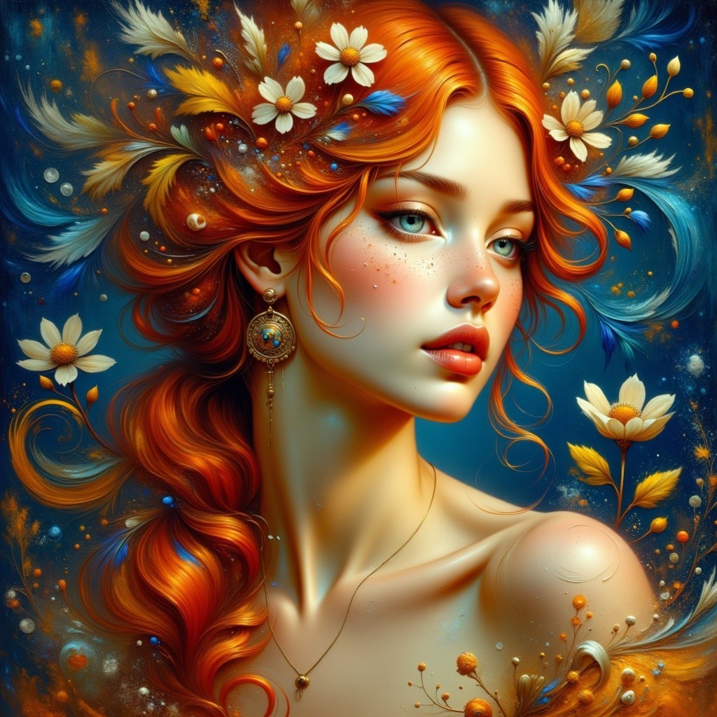 Portrait of a Young Woman with Red Hair and Flowers