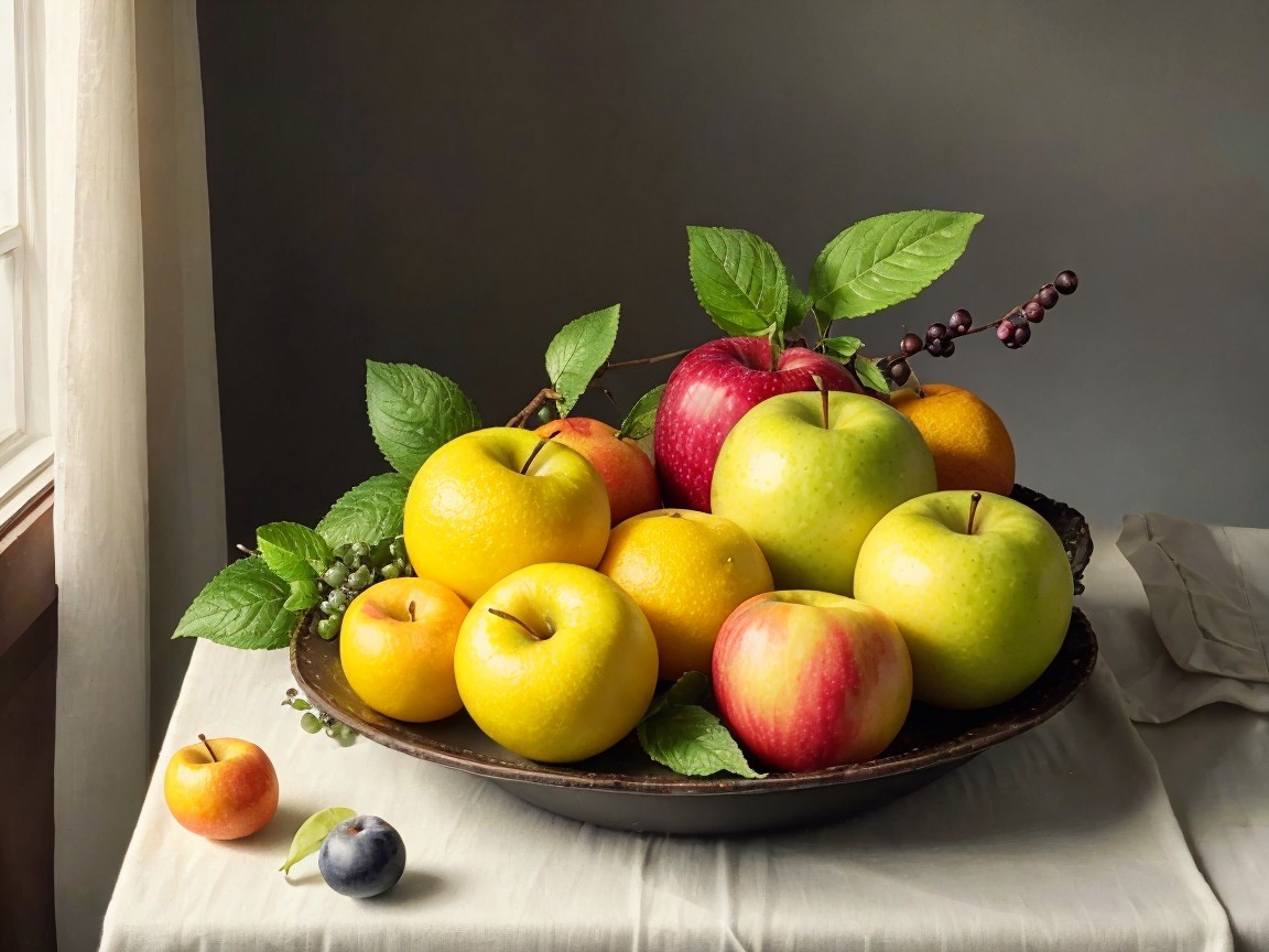 Rustic Bowl with Colorful Assortment of Apples and Grapes