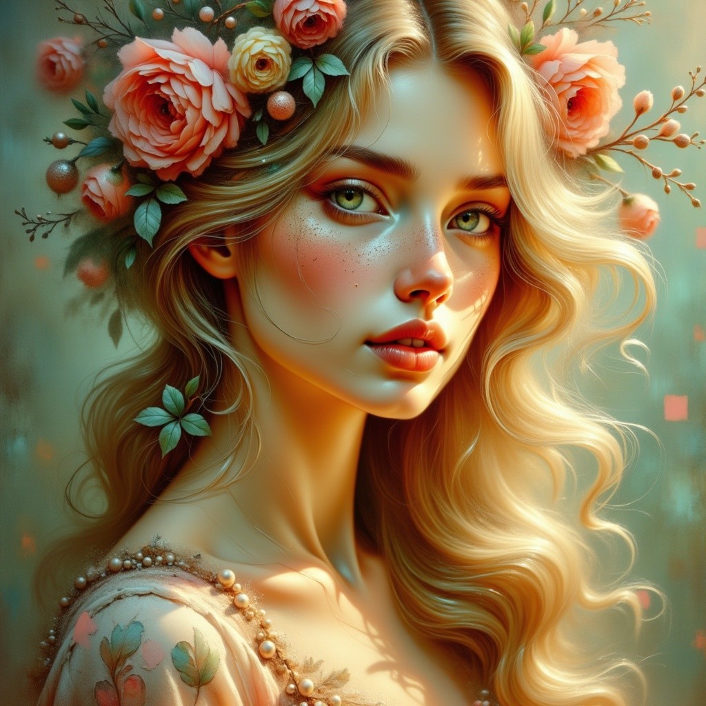 Young woman with floral hair and elegant dress