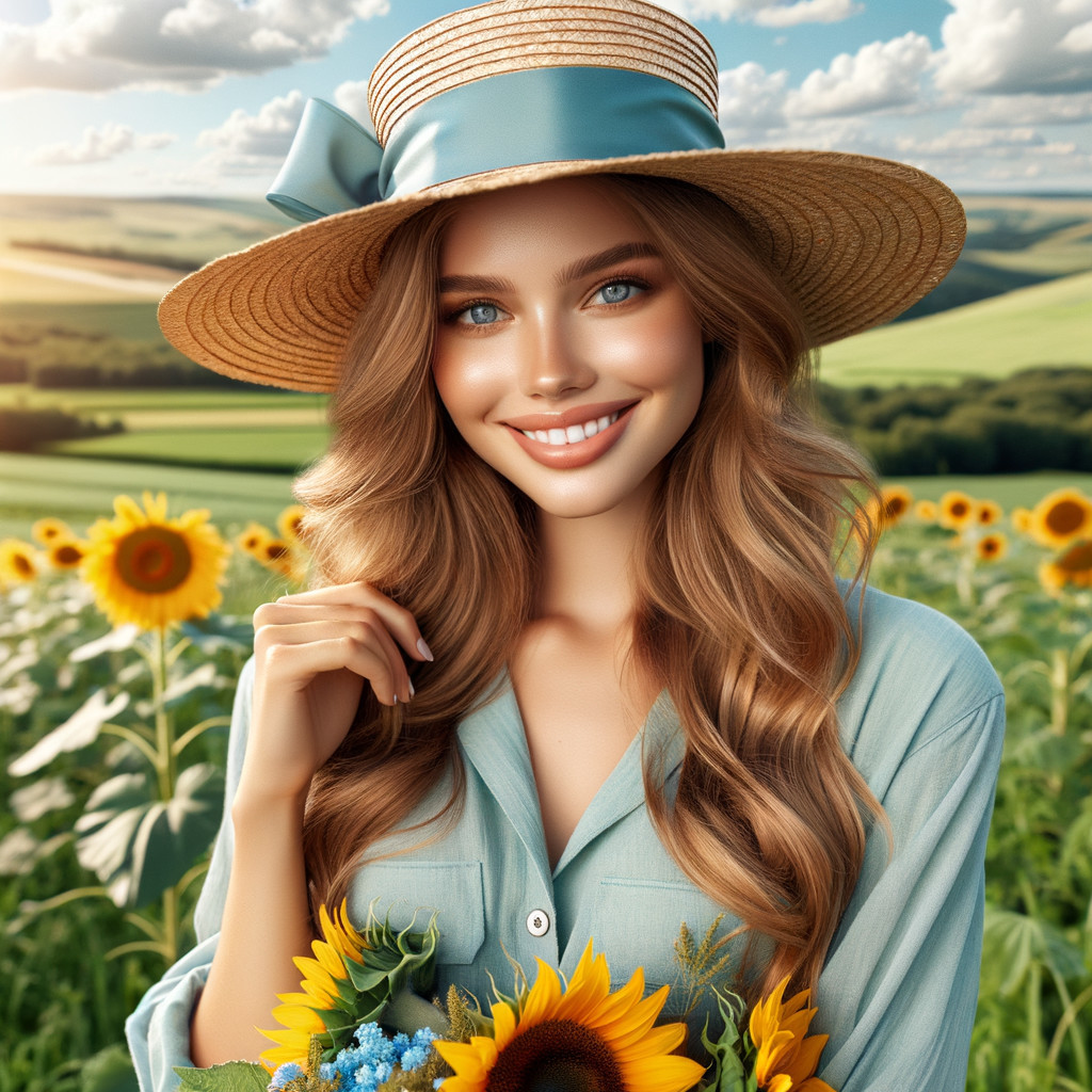 Young woman in sunflower field with vibrant bouquet