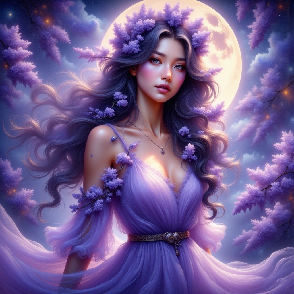 Young woman in lavender gown under full moonlight