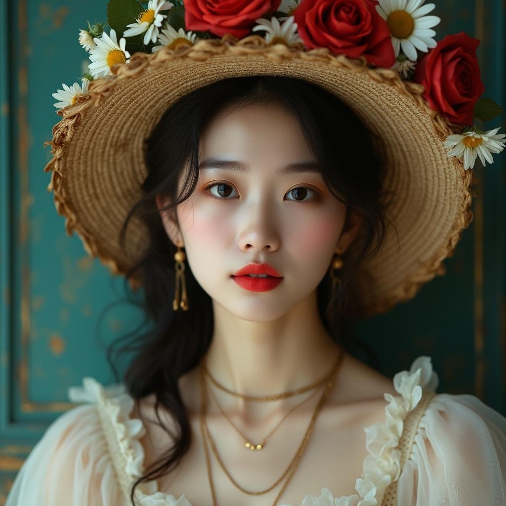 Young woman in straw hat with floral embellishments