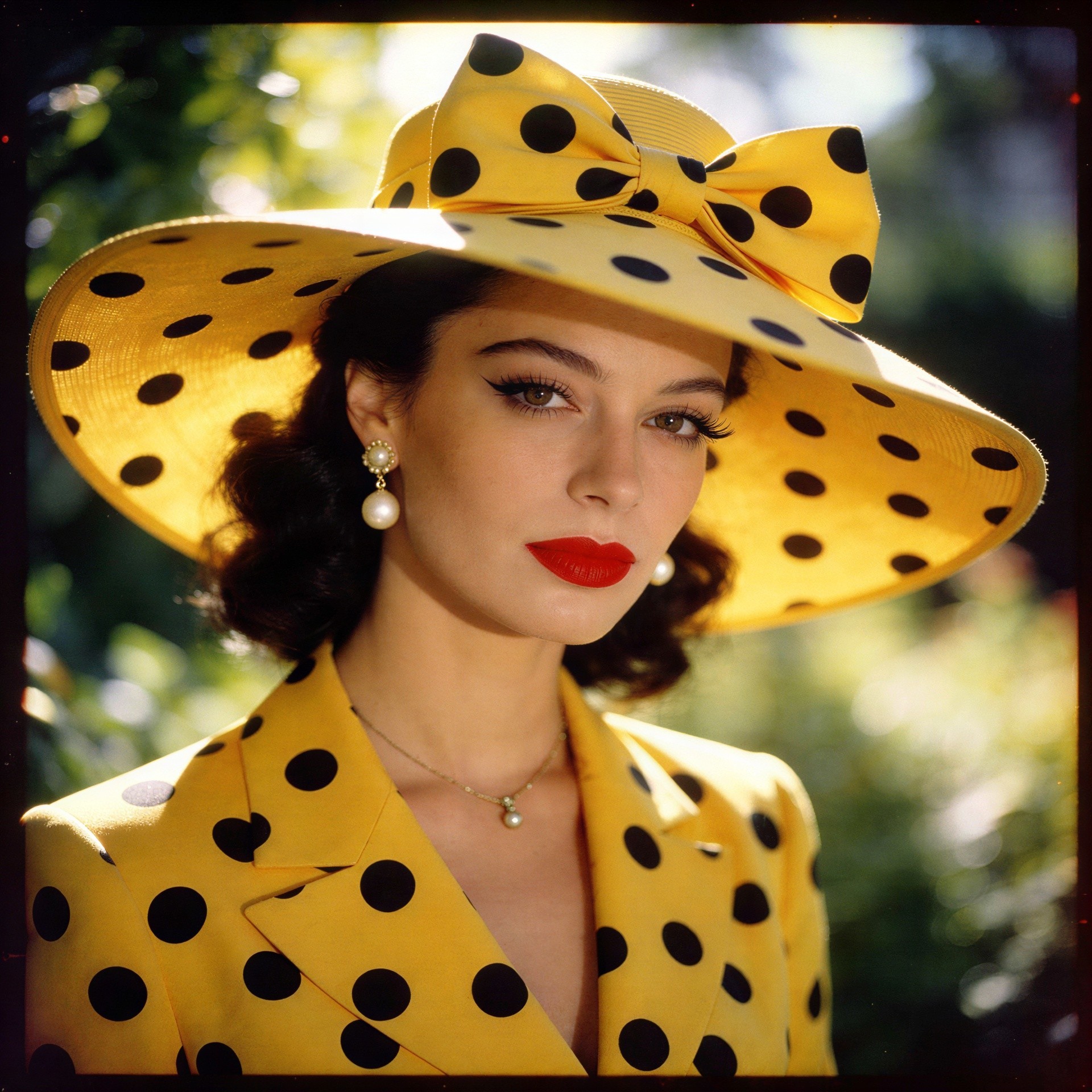 Young woman in yellow hat and polka-dot jacket