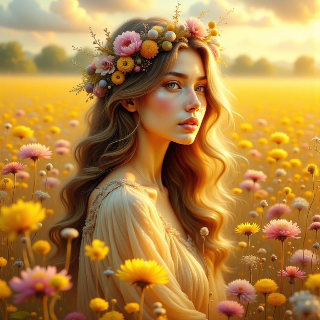 Portrait of a young woman in a flower field