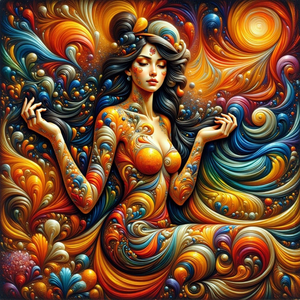 Abstract Woman Surrounded by Vibrant Color Swirls