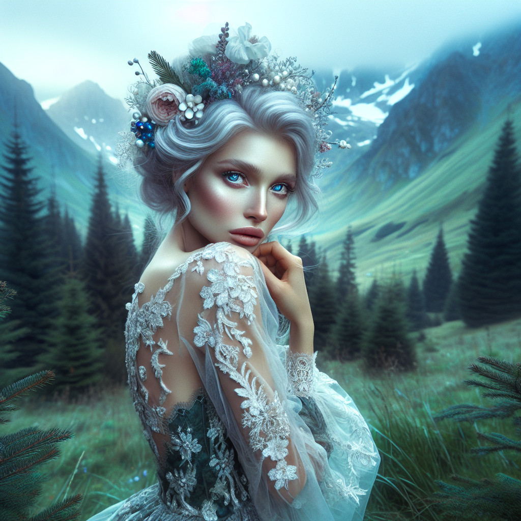 Ethereal Woman in Floral Crown Amidst Lush Landscape